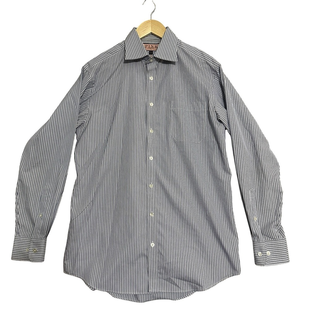 Thomas Pink Dress Shirt Men 15.5 Blue White Striped Traveller Cotton Long Sleeve